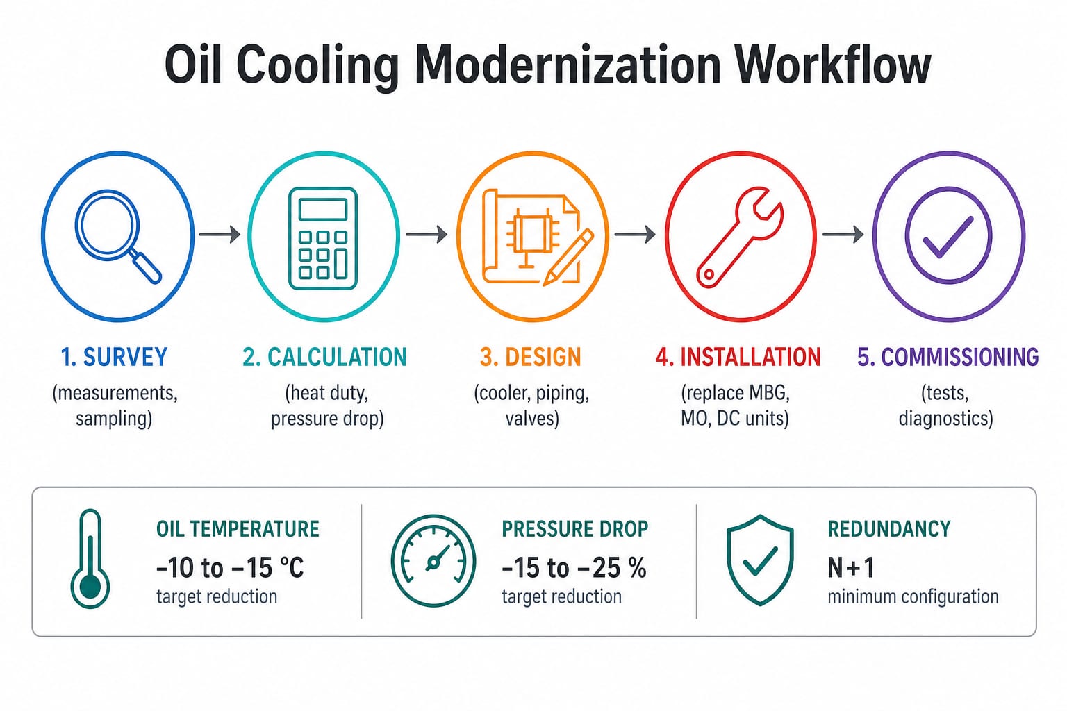 Oil cooling modernization workflow: survey, calculation, design, installation, commissioning