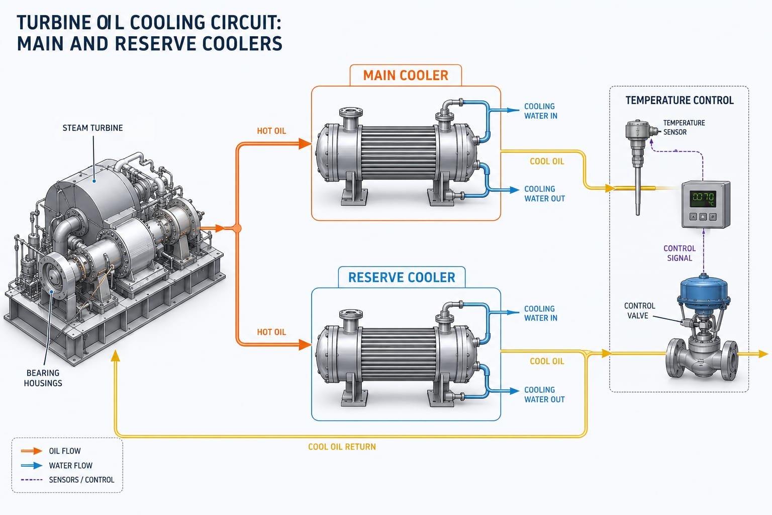 Turbine oil cooling circuit with main and reserve coolers